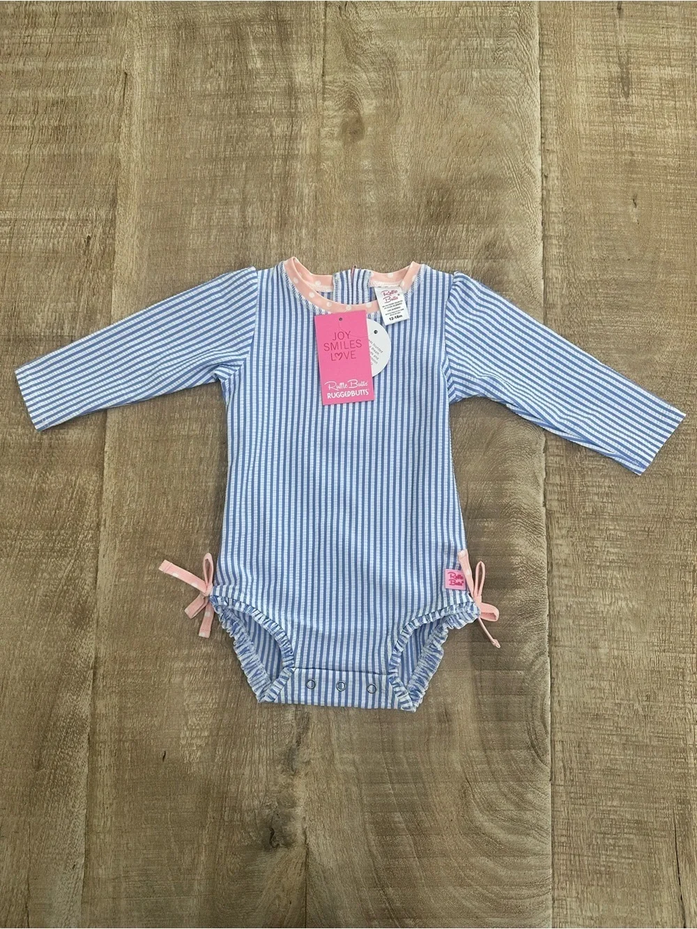 RuffleButts Blue Seersucker Rash Guard One Piece | 12–18M | UPF 50+